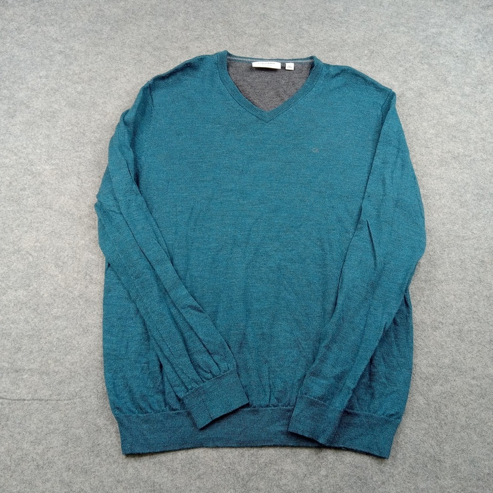 Calvin Klein Sweater Mens Large Blue Italian Merino Wool V Neck Lightweight Knit